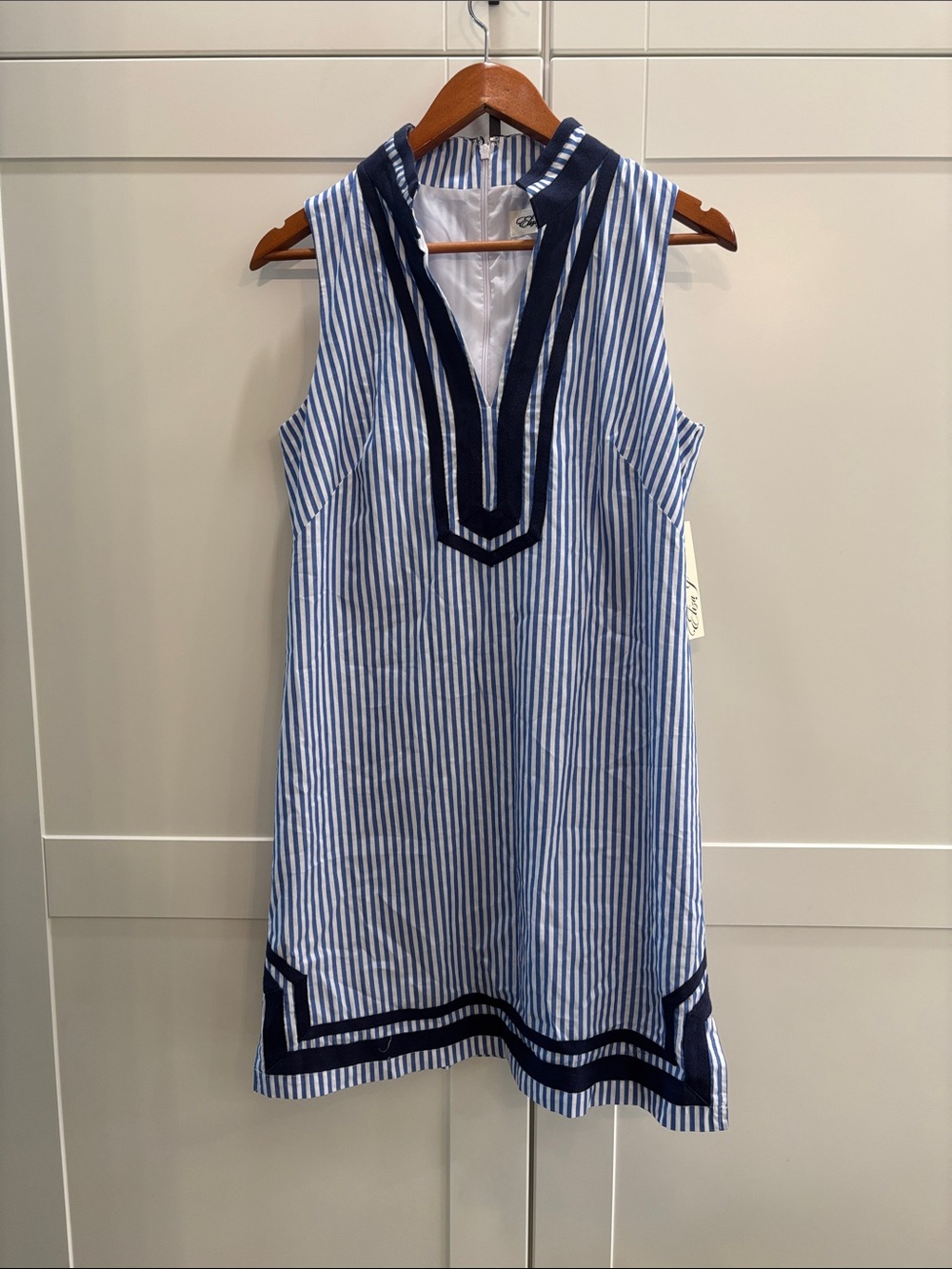Eliza J Blue and White Striped Cotton Dress with Navy Accent